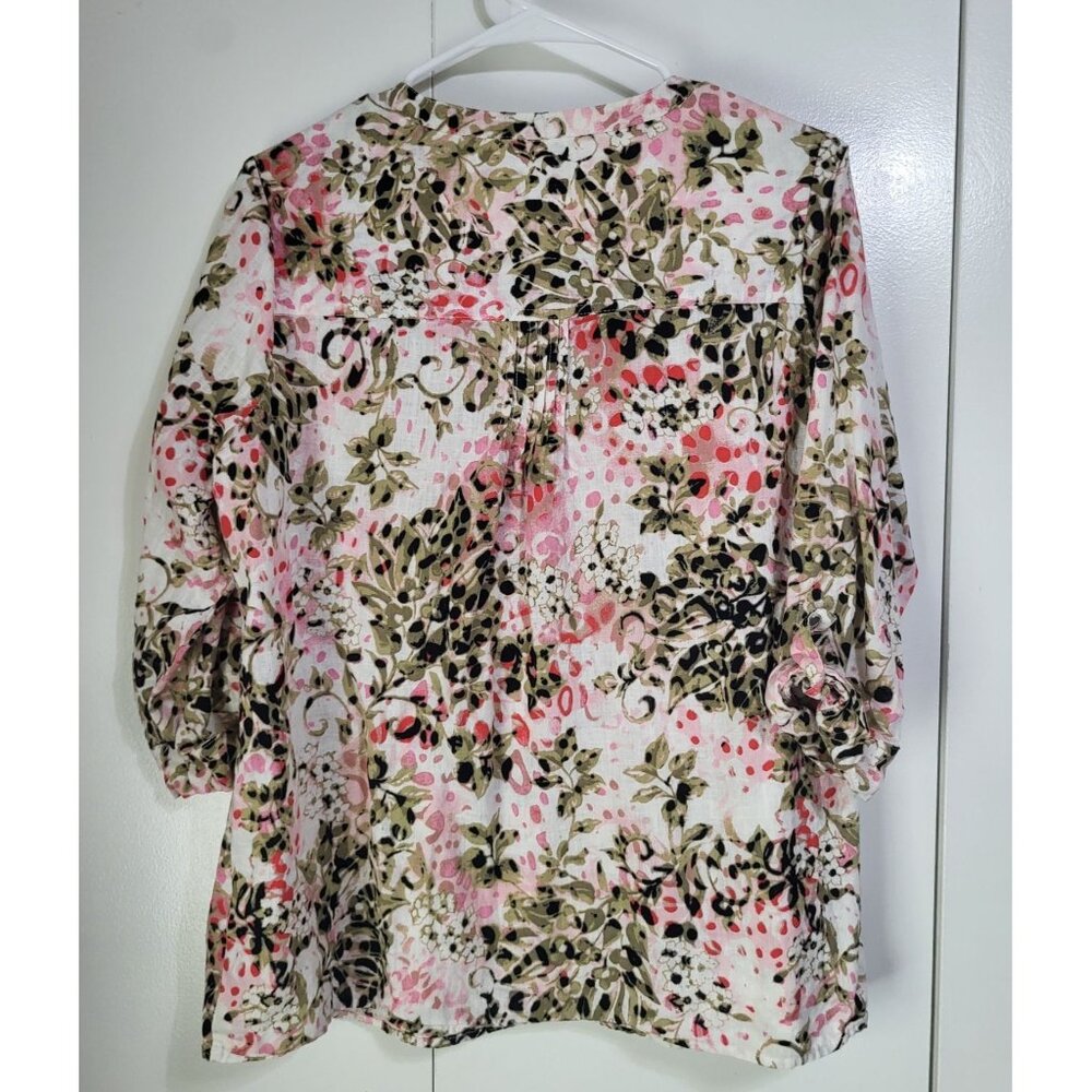 CORAL BAY Women';s LG Linen Blend Floral Button Up Blouse Top Roll Tab Sleeve - Picture 2 of 9